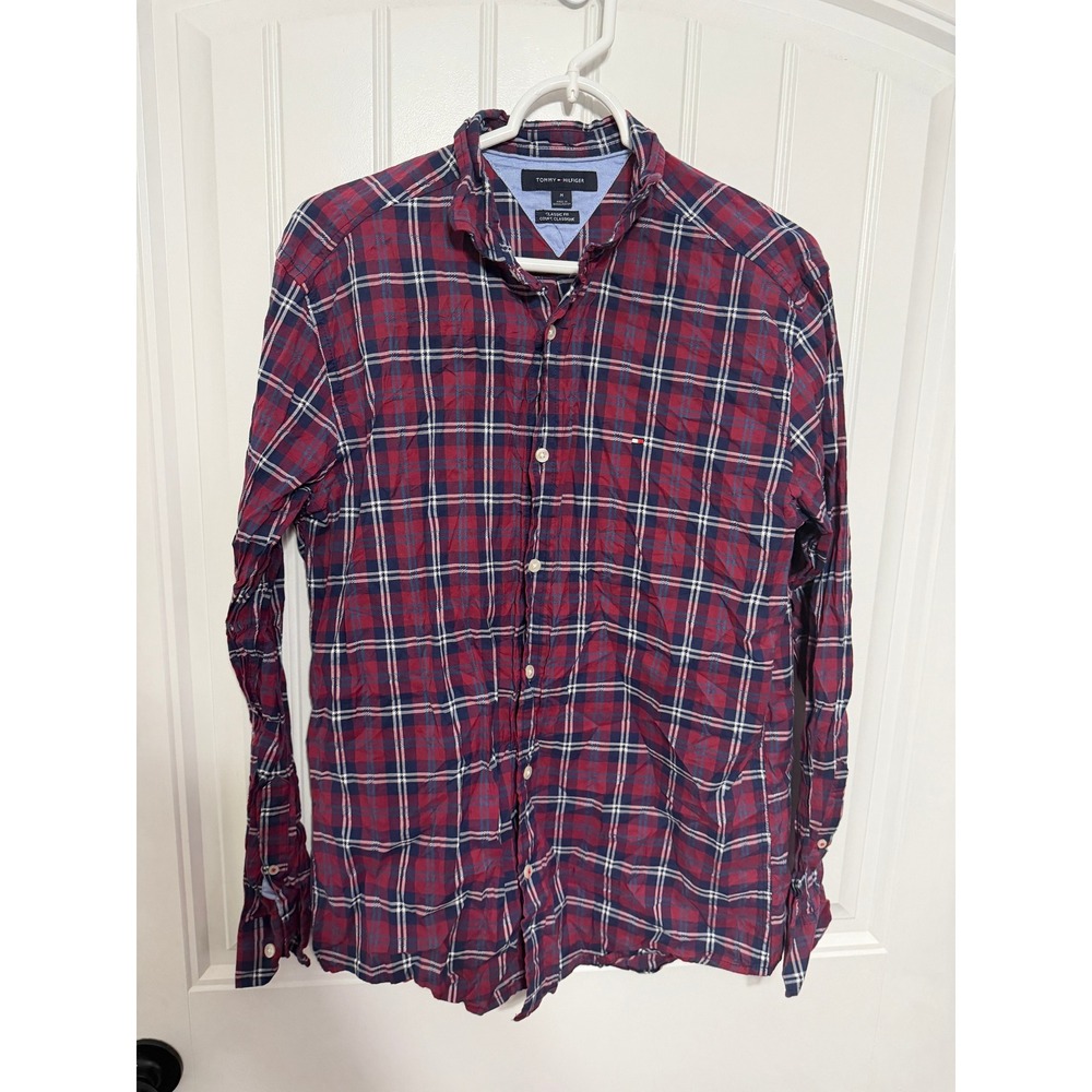 Tommy Hilfiger Shirt Mens Medium Classic Fit Plaid Cotton Button Down EUC